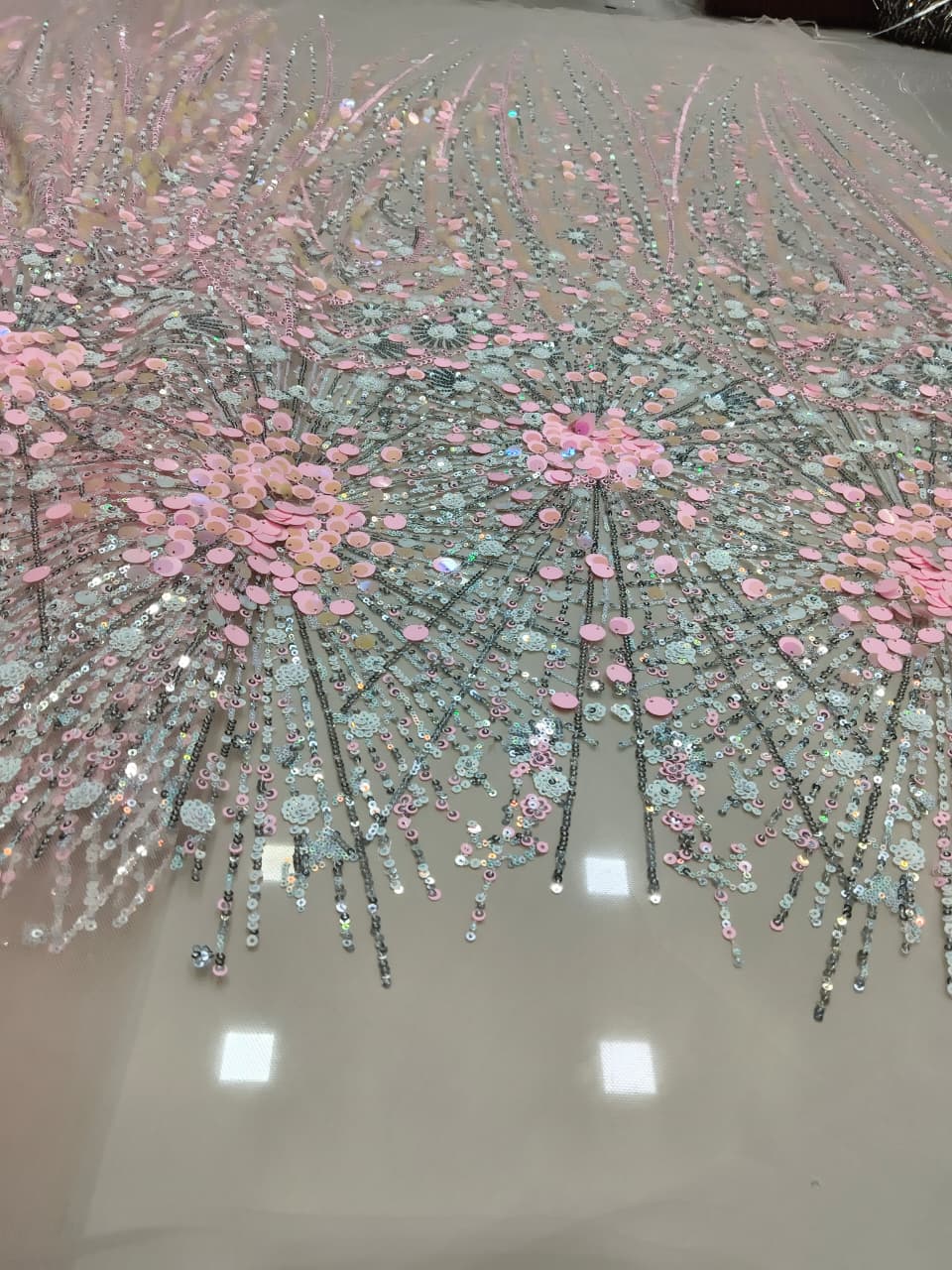 Blush Pink 3D Sequin Floral Burst Embroidered Net Fabric