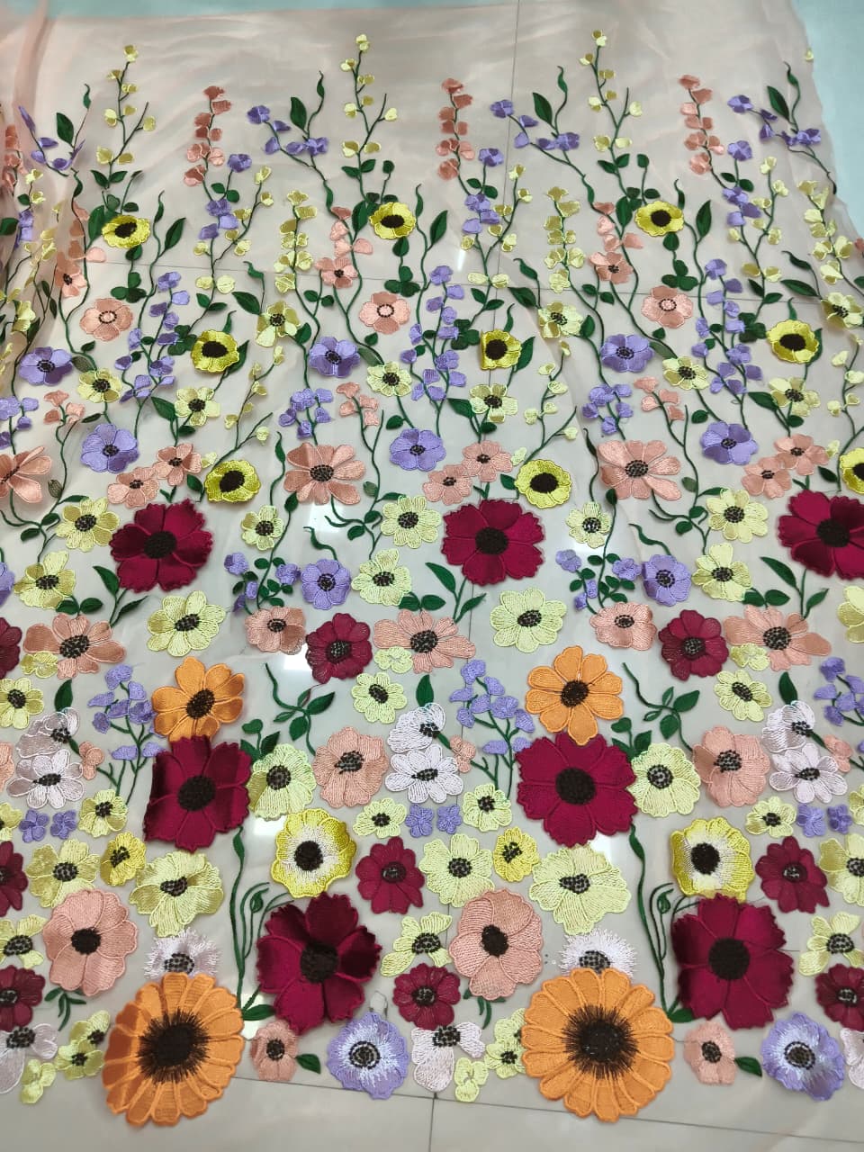 3D Multicolor Floral Embroidered Soft Net Fabric – Blush Pink Base