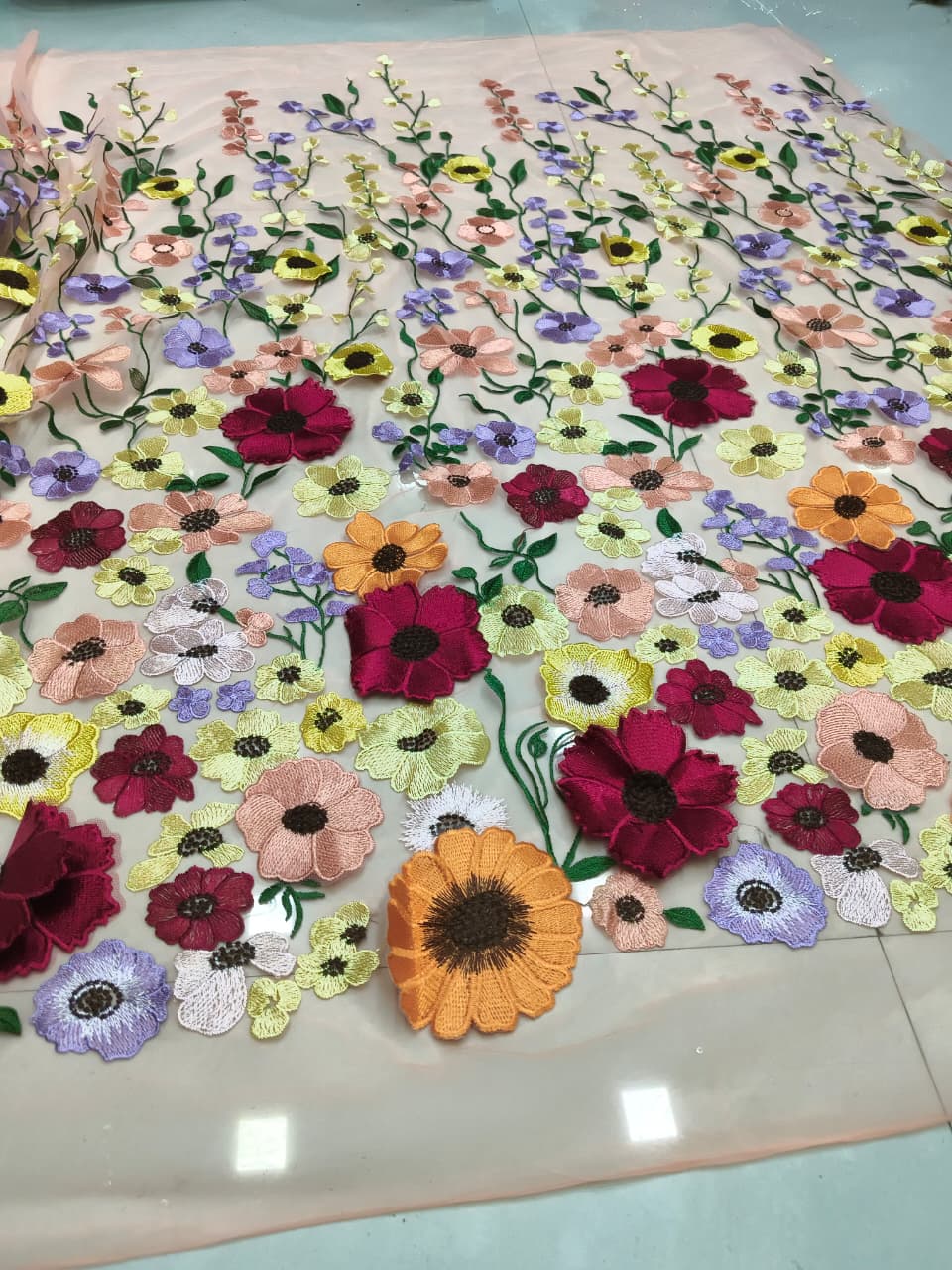 3D Multicolor Floral Embroidered Soft Net Fabric – Blush Pink Base