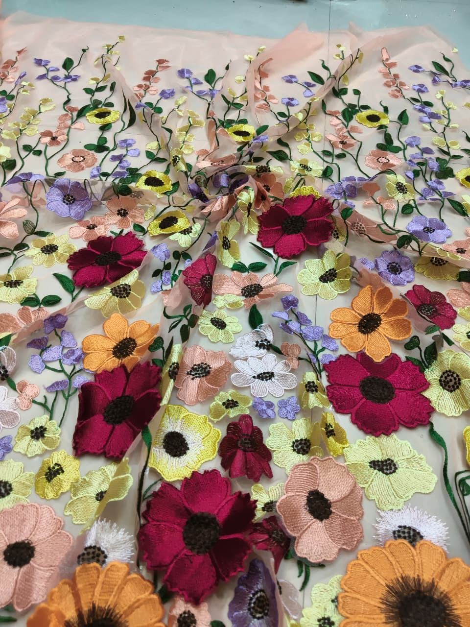 3D Multicolor Floral Embroidered Soft Net Fabric – Blush Pink Base