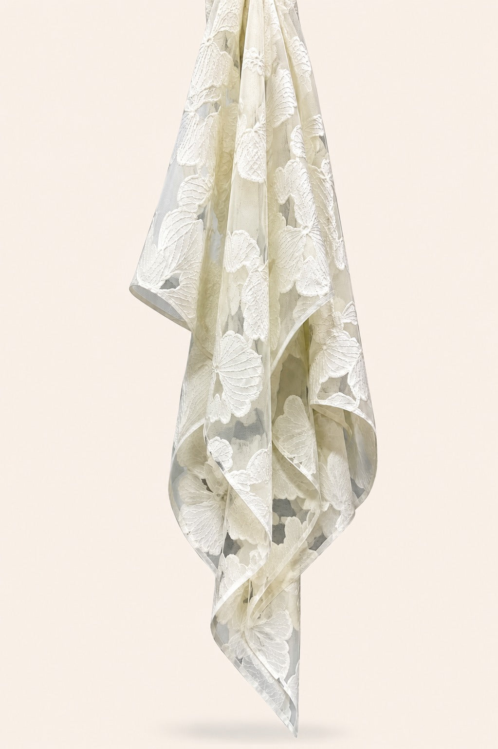 Light Cream 3D Floral Embroidered Net Fabric - image 2
