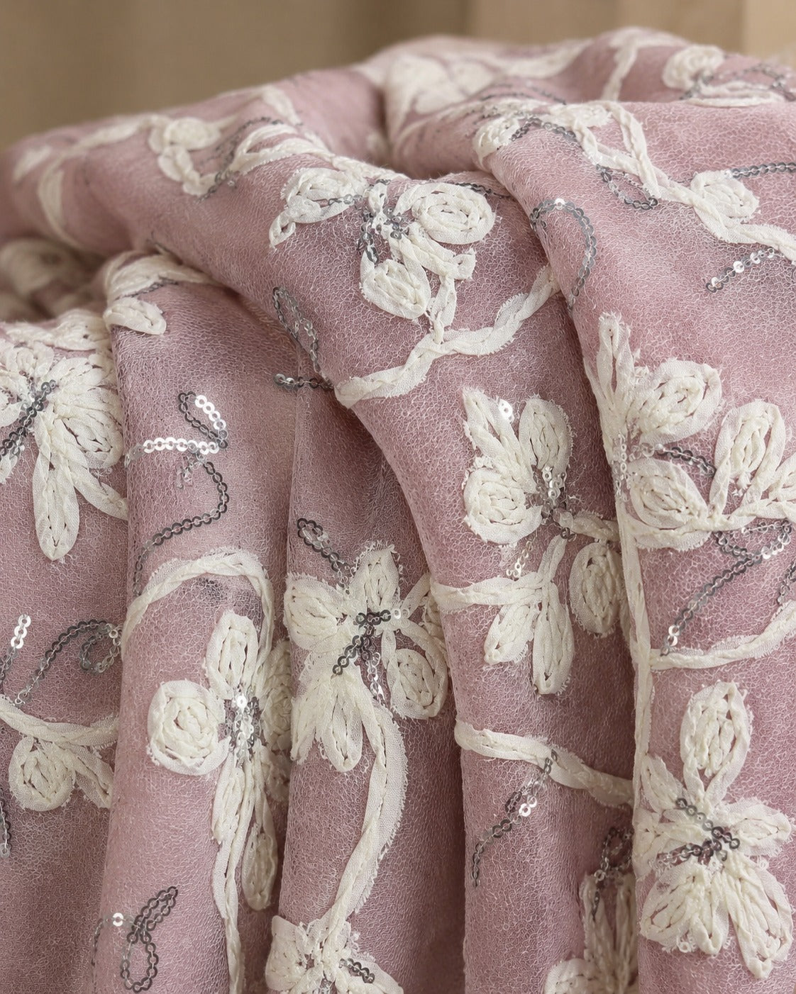Fabric with Ribbon Embroidery and Sequin Embellishments - image 6