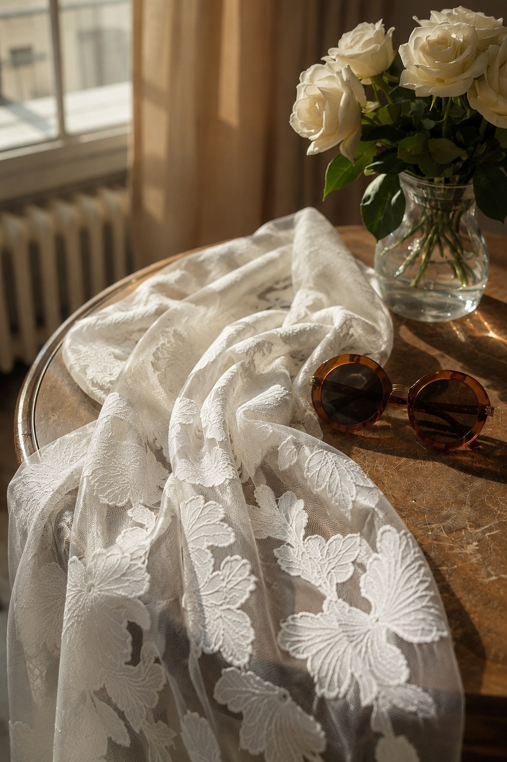Light Cream 3D Floral Embroidered Net Fabric - image 5