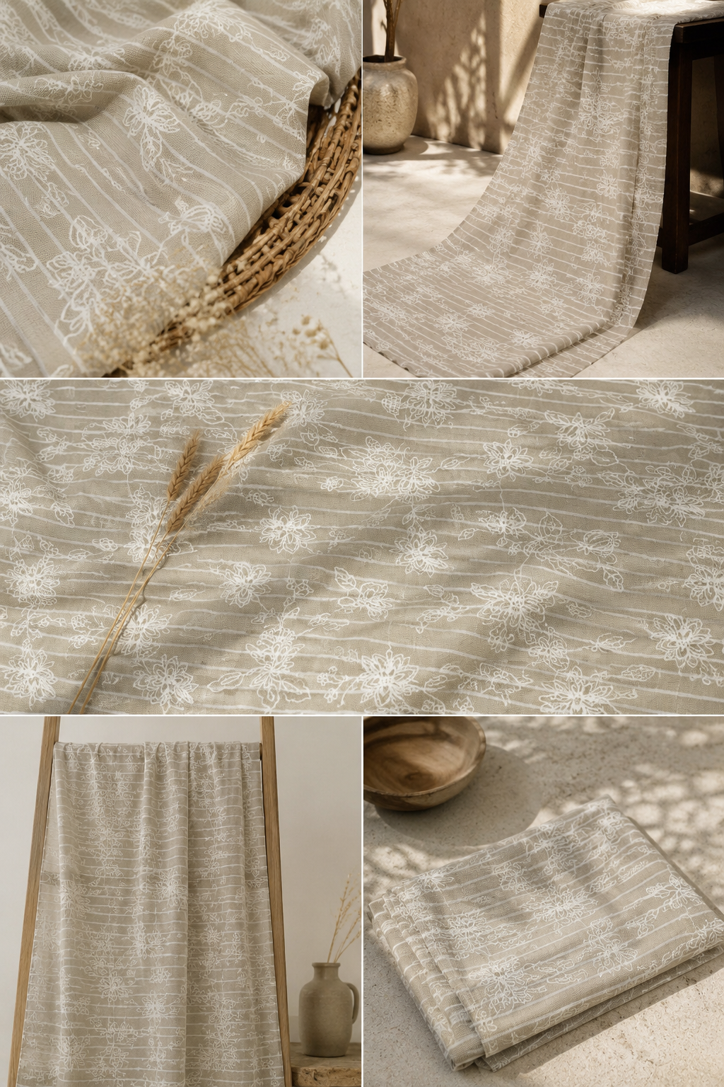 Beige Linen Look Cotton Floral Printed Fabric - image 2