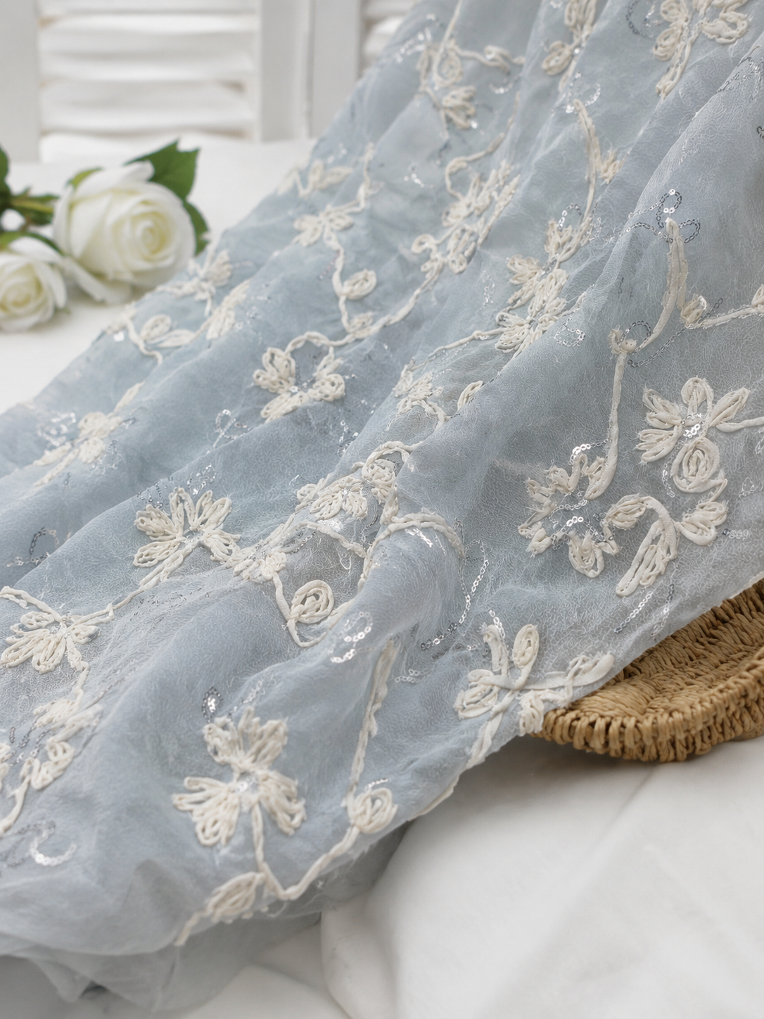 Tulle Fabric with Ribbon Embroidery and Sequin Embellishment - image 1