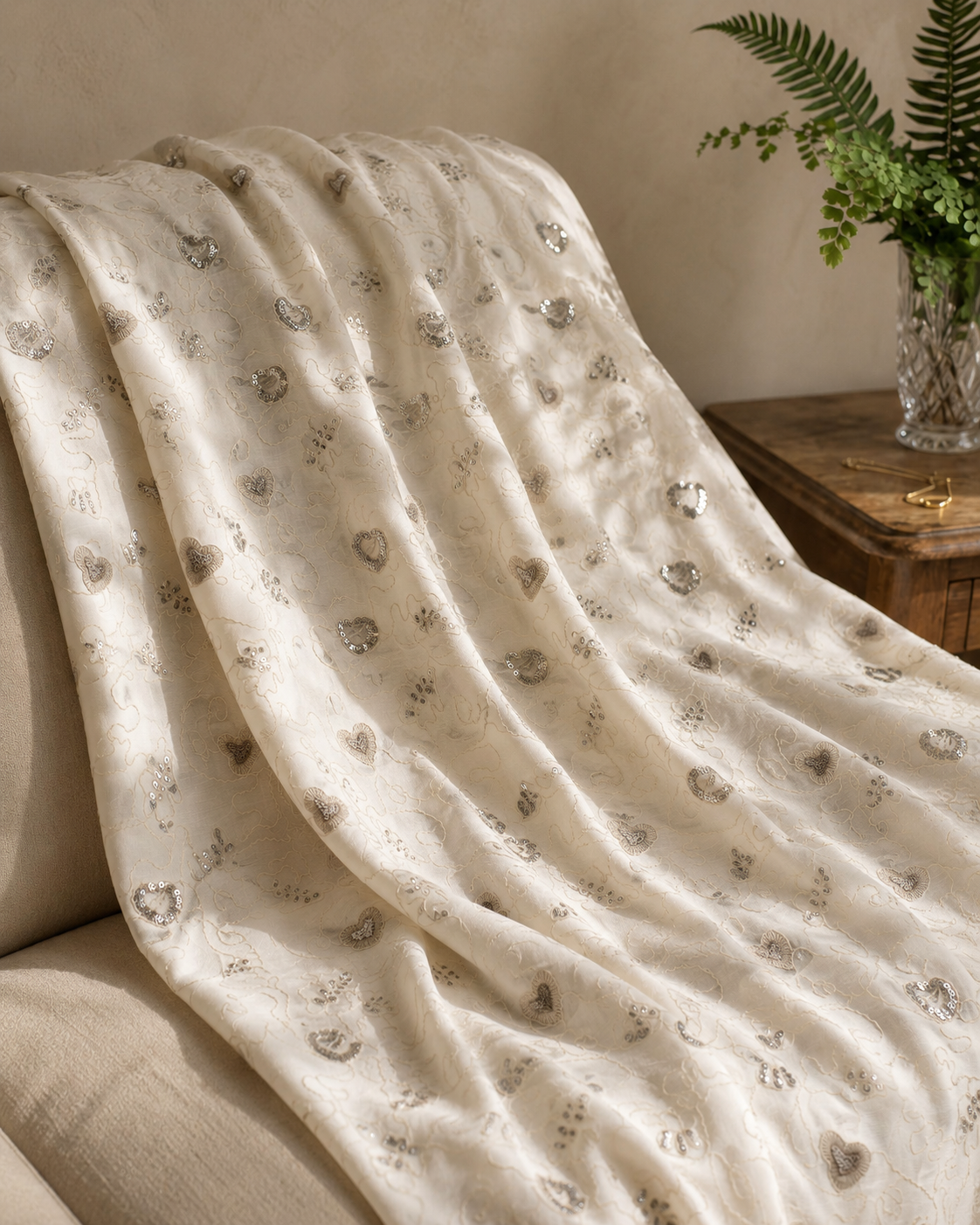Ivory Slub Cotton Embroidered Sequin Fabric - image 5