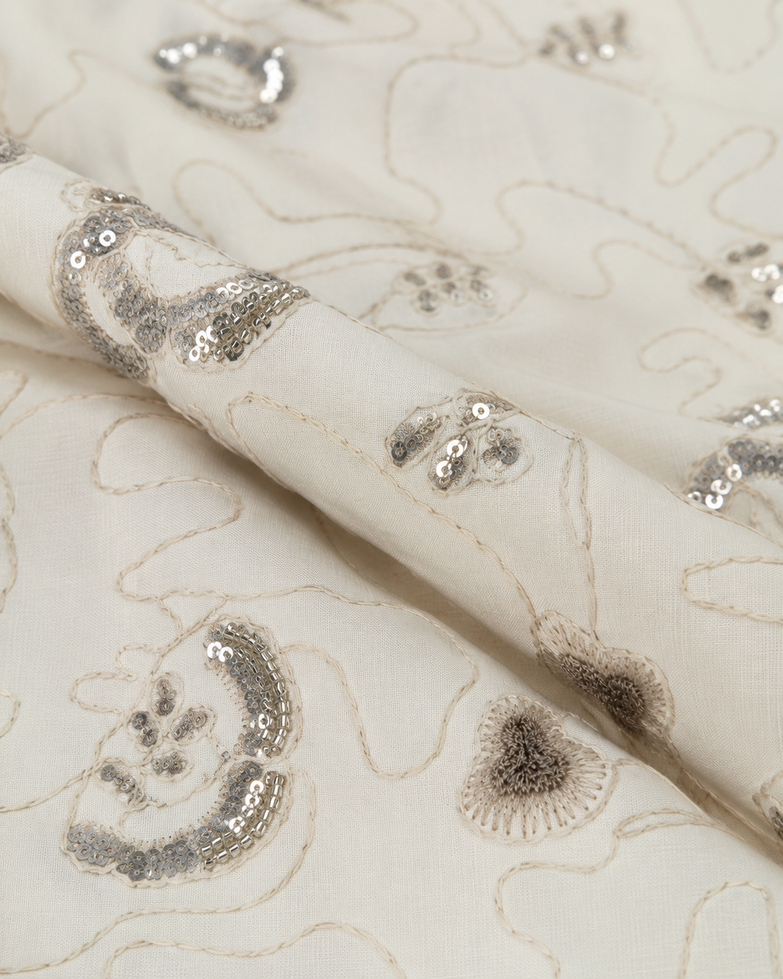 Ivory Slub Cotton Embroidered Sequin Fabric - image 6