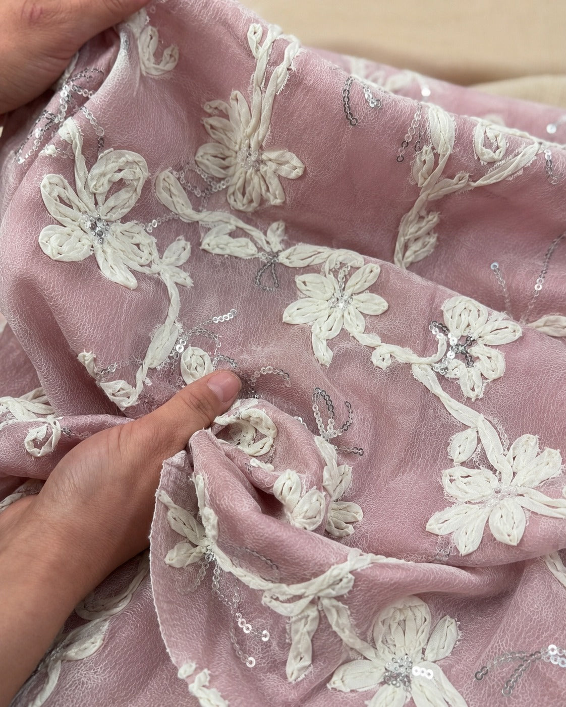 Fabric with Ribbon Embroidery and Sequin Embellishments - image 4