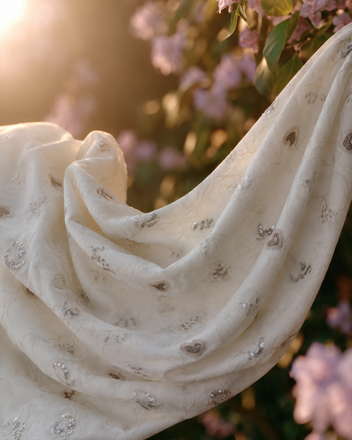 Ivory Slub Cotton Embroidered Sequin Fabric - image 3