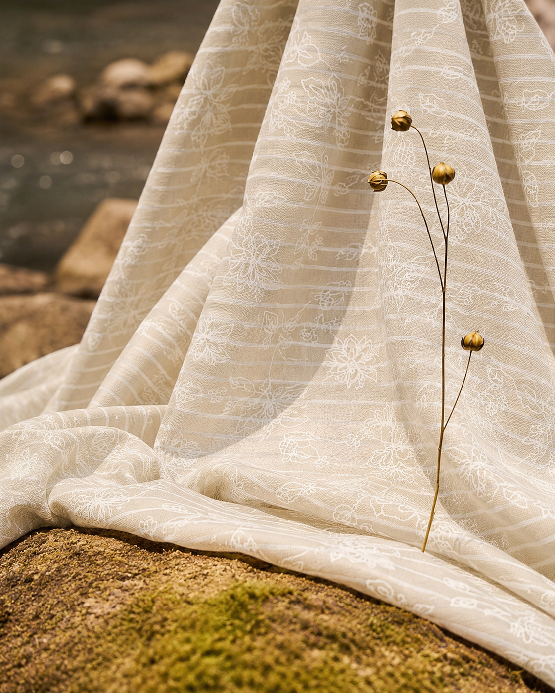 Beige Linen Look Cotton Floral Printed Fabric - image 6