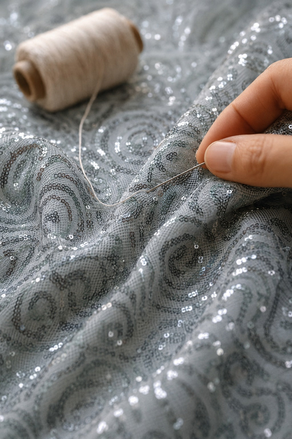 Silver All-Over Sequin Embroidered Mesh Fabric - image 5