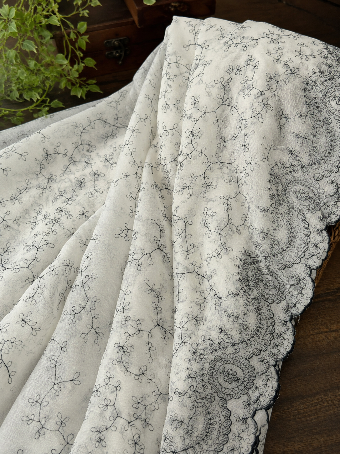 Sheer Embroidered Fabric with Border - image 1