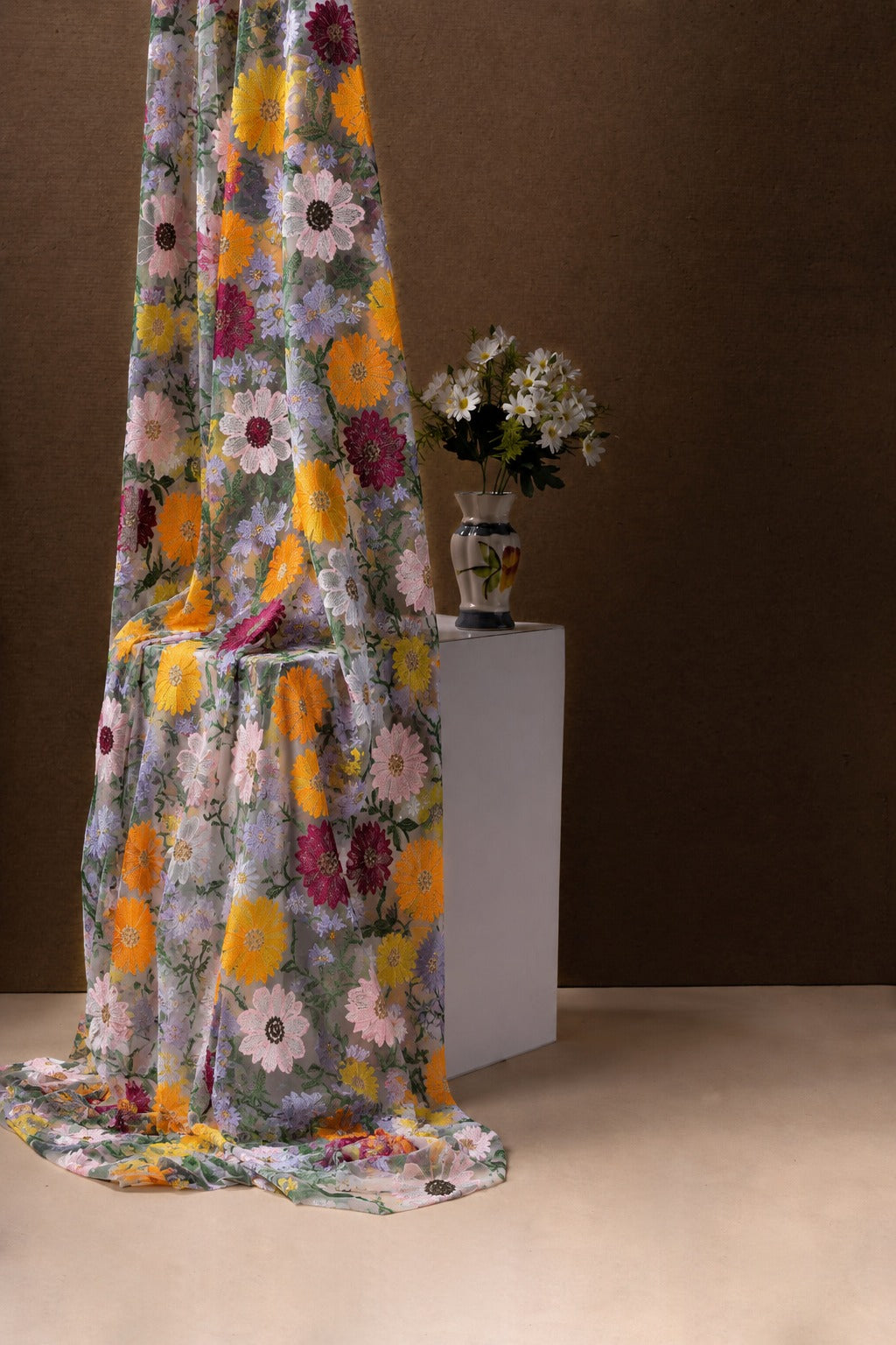 Floral Embroidered Net Fabric - image 3