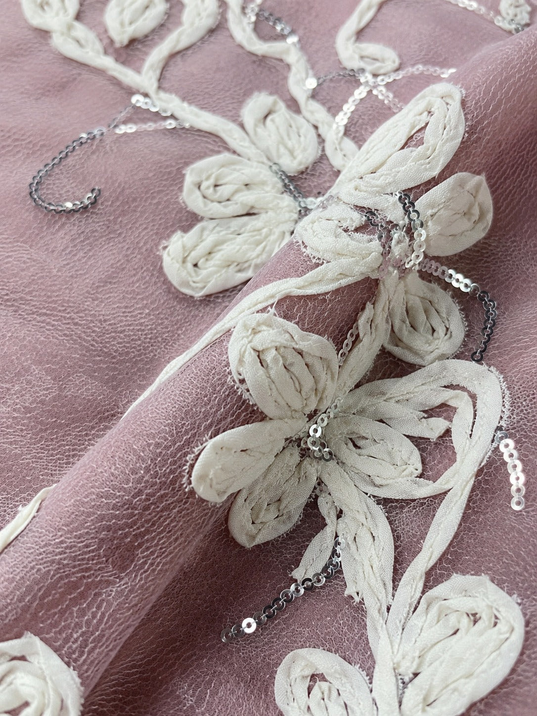 Fabric with Ribbon Embroidery and Sequin Embellishments - image 3