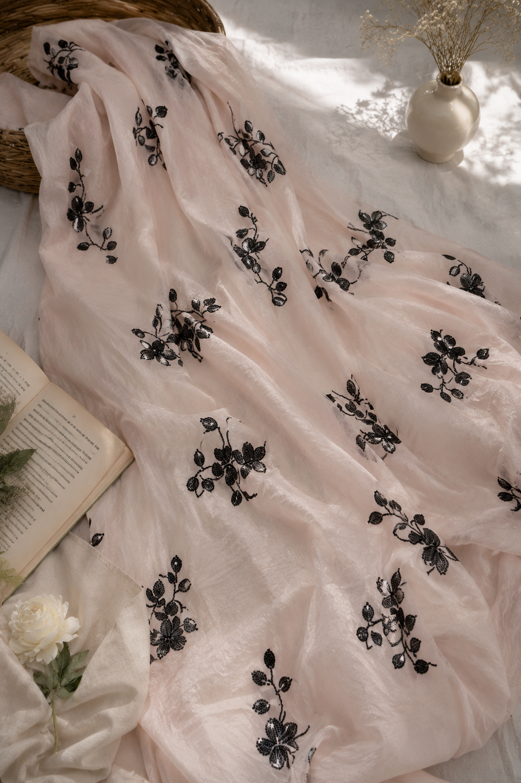 Soft Net Fabric with Floral Bead Embroidery - image 6