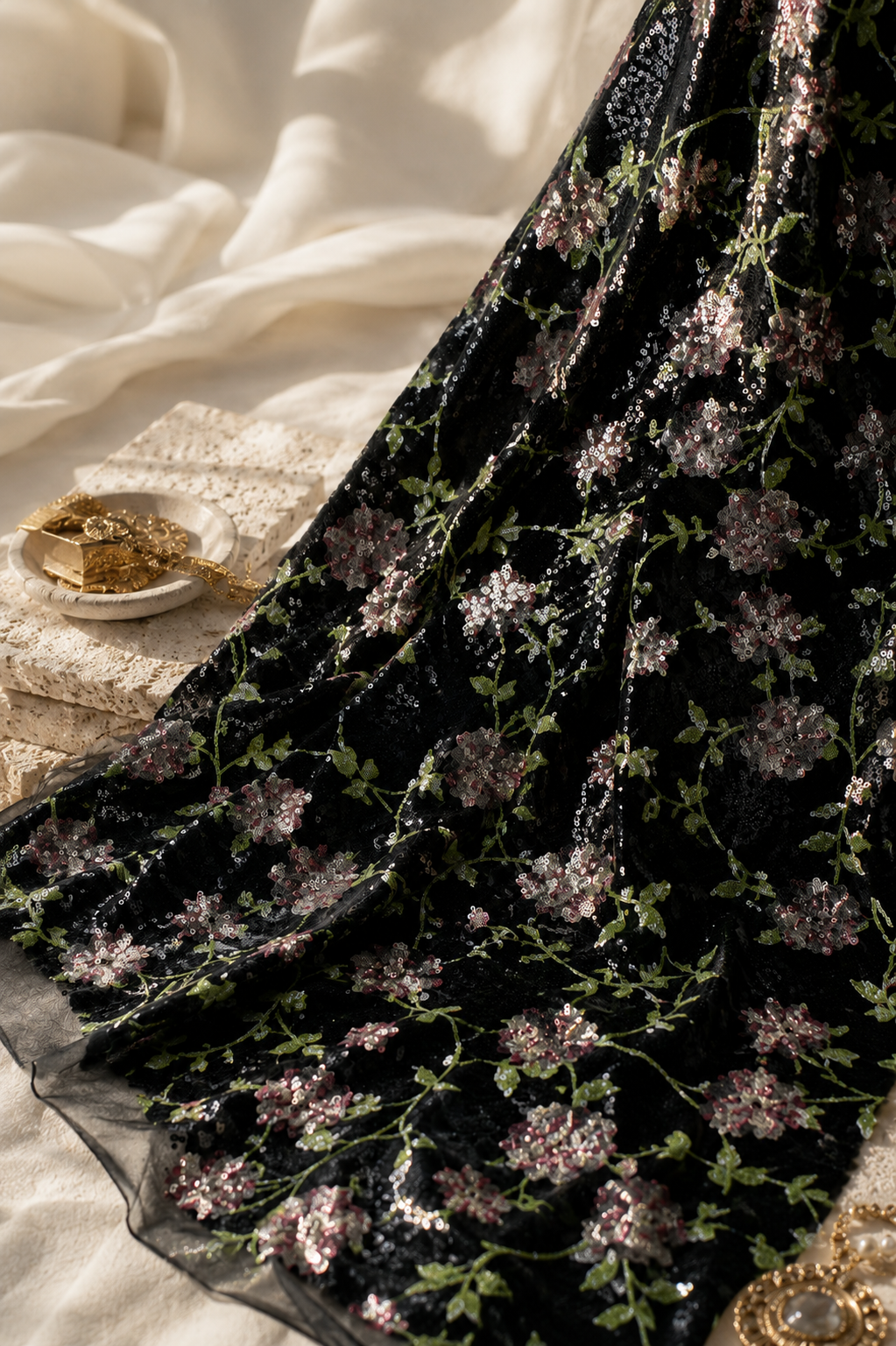 Allover Floral Sequin Embroidered Net Fabric - image 2