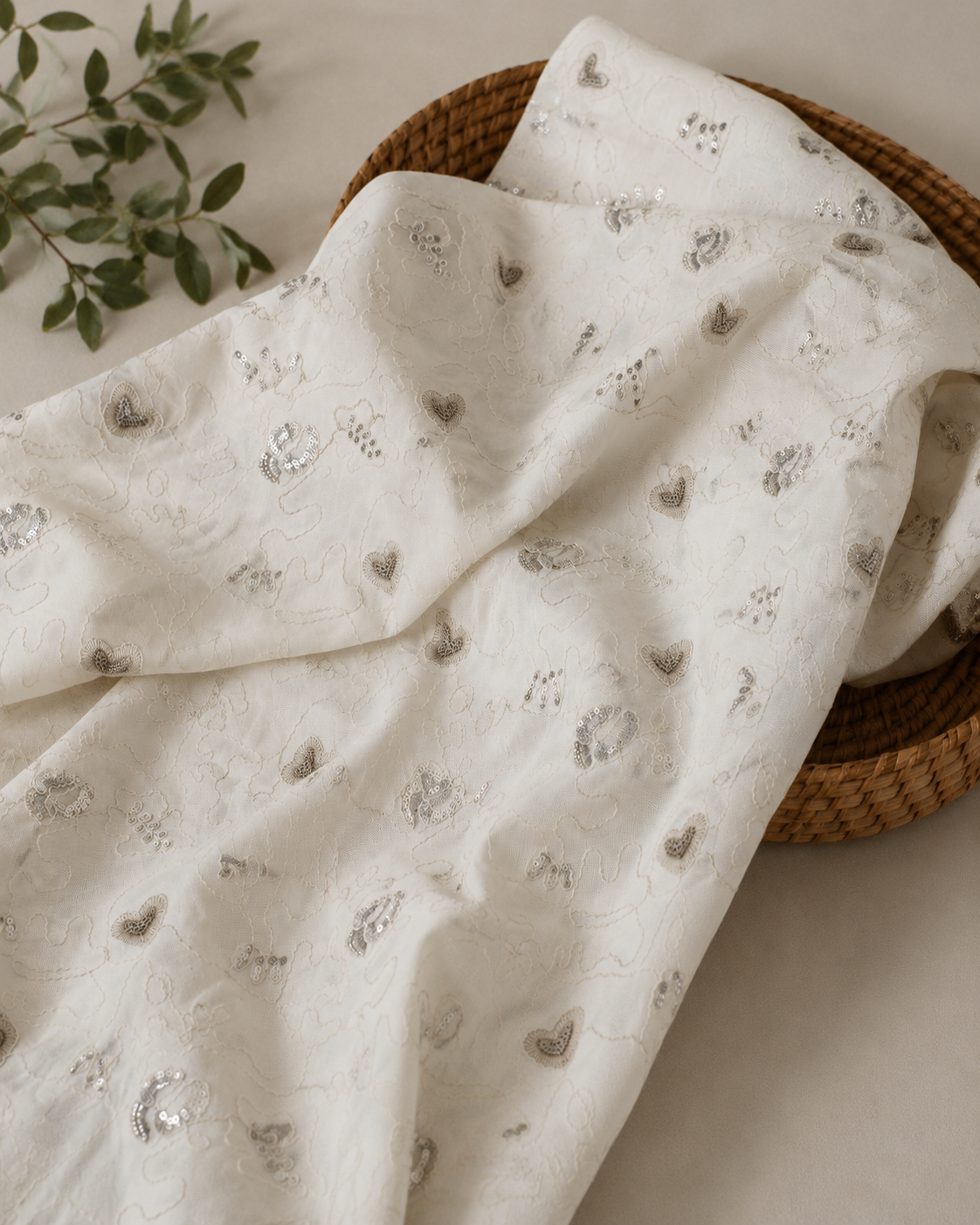 Ivory Slub Cotton Embroidered Sequin Fabric - image 2