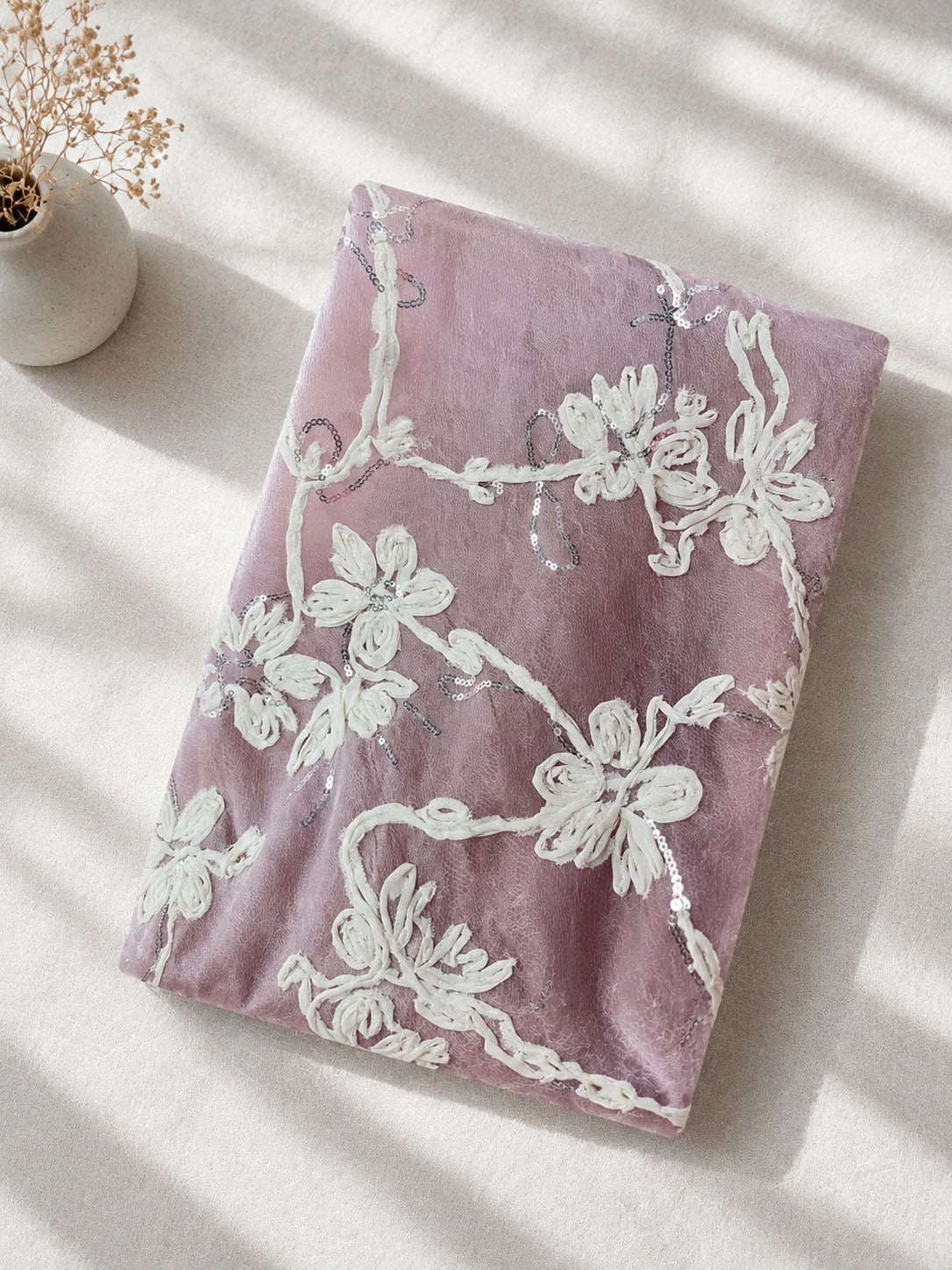 Fabric with Ribbon Embroidery and Sequin Embellishments - image 2