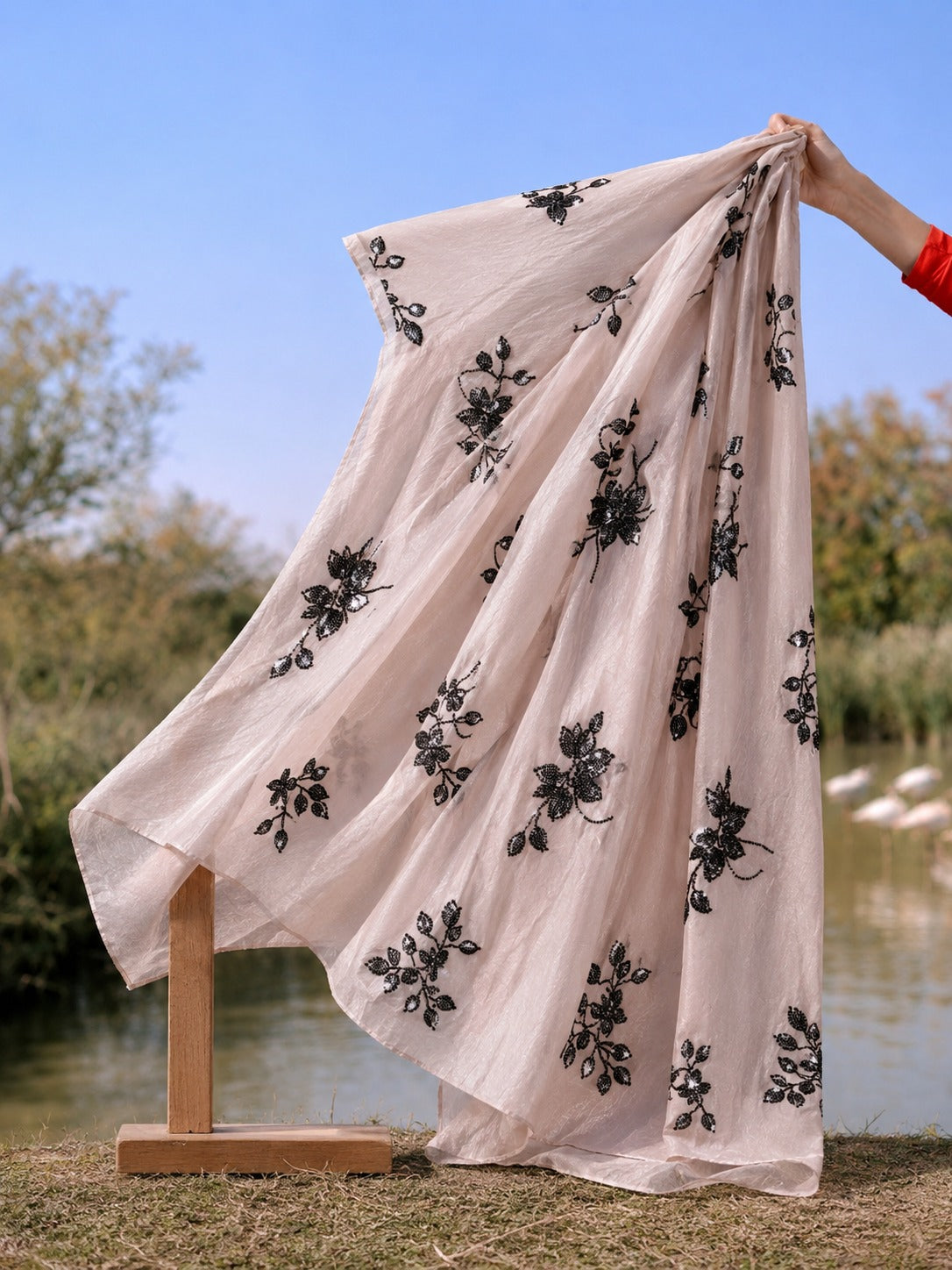 Soft Net Fabric with Floral Bead Embroidery - image 2
