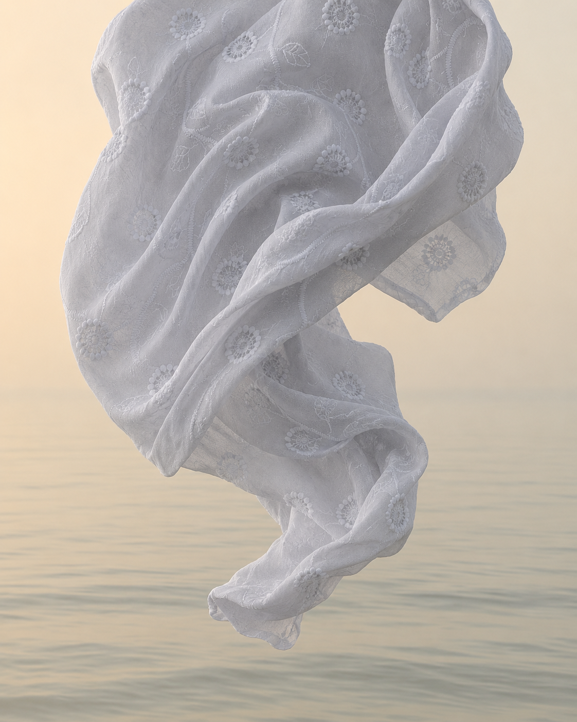 White Embroidered Fabric with Schiffli Embroidery - image 2