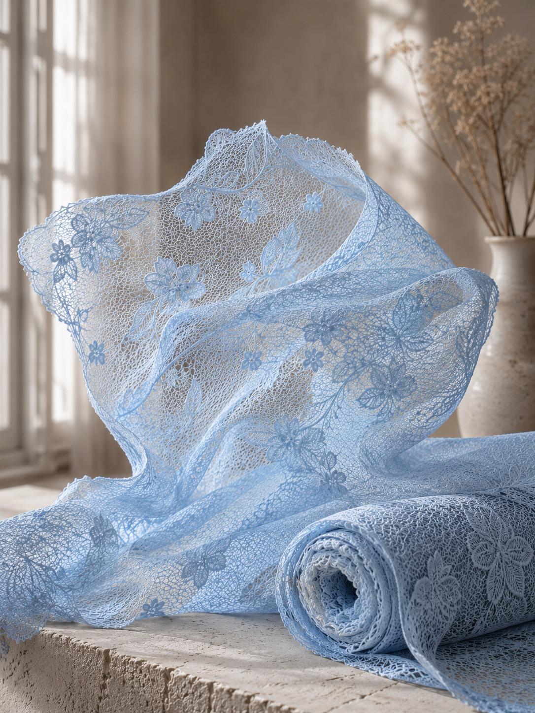 Swatch - Powder Blue Floral Embroidery Net Fabric