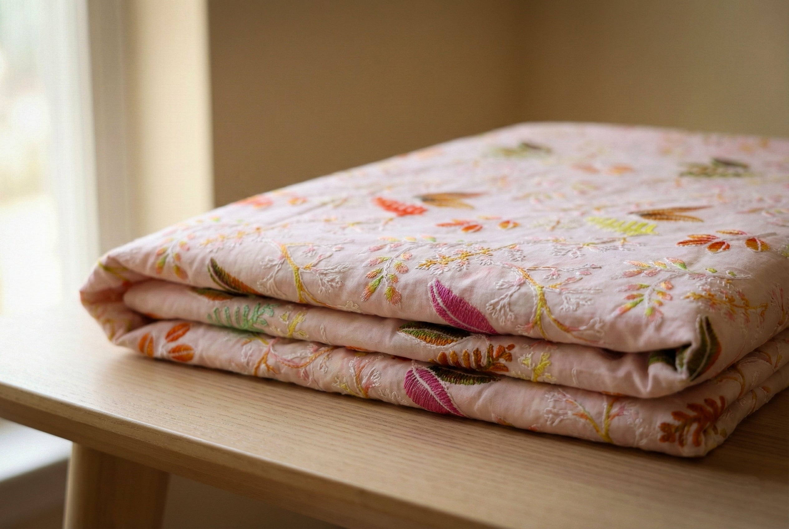 Blush Pink Botanical Embroidered Fabric