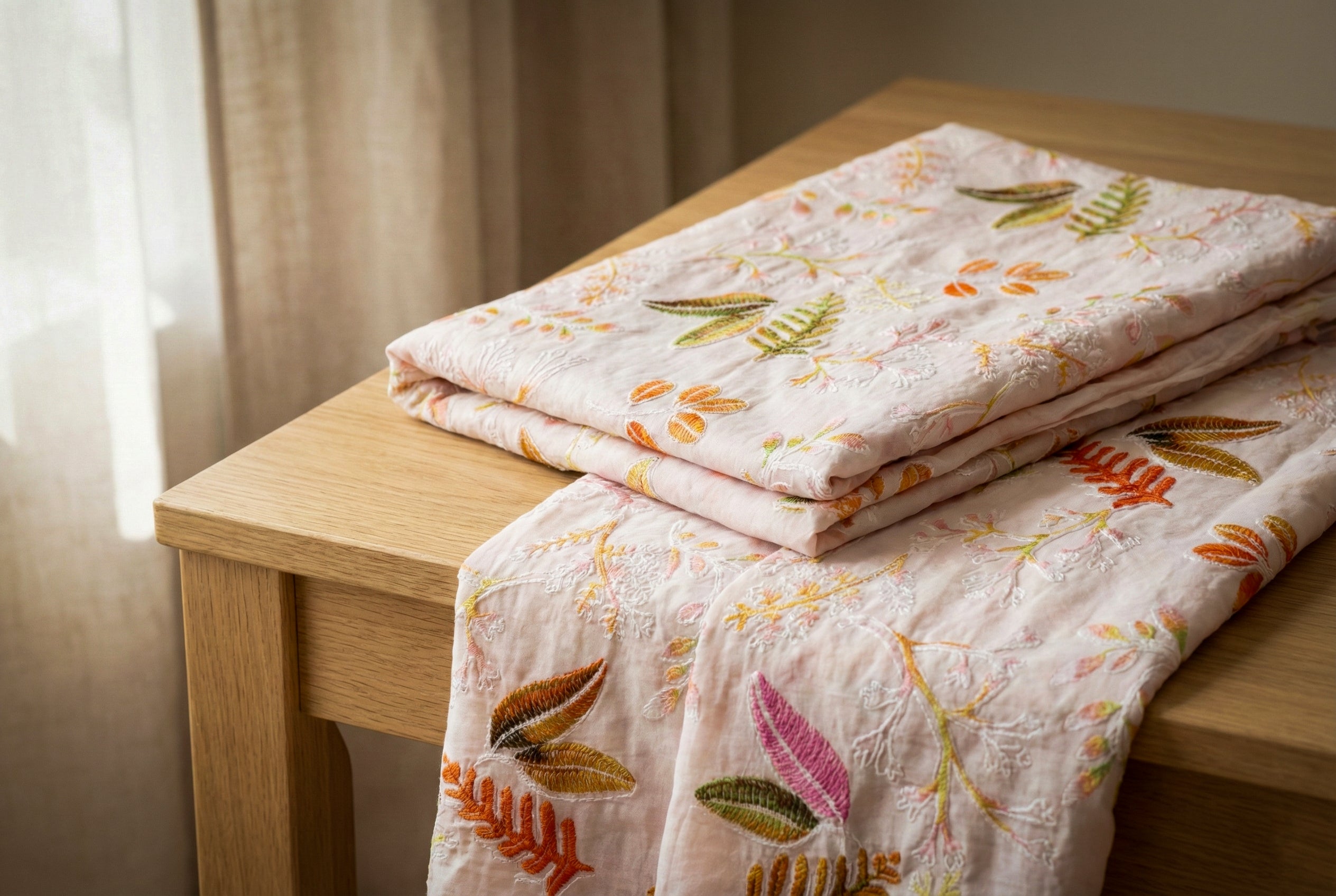 Blush Pink Botanical Embroidered Fabric