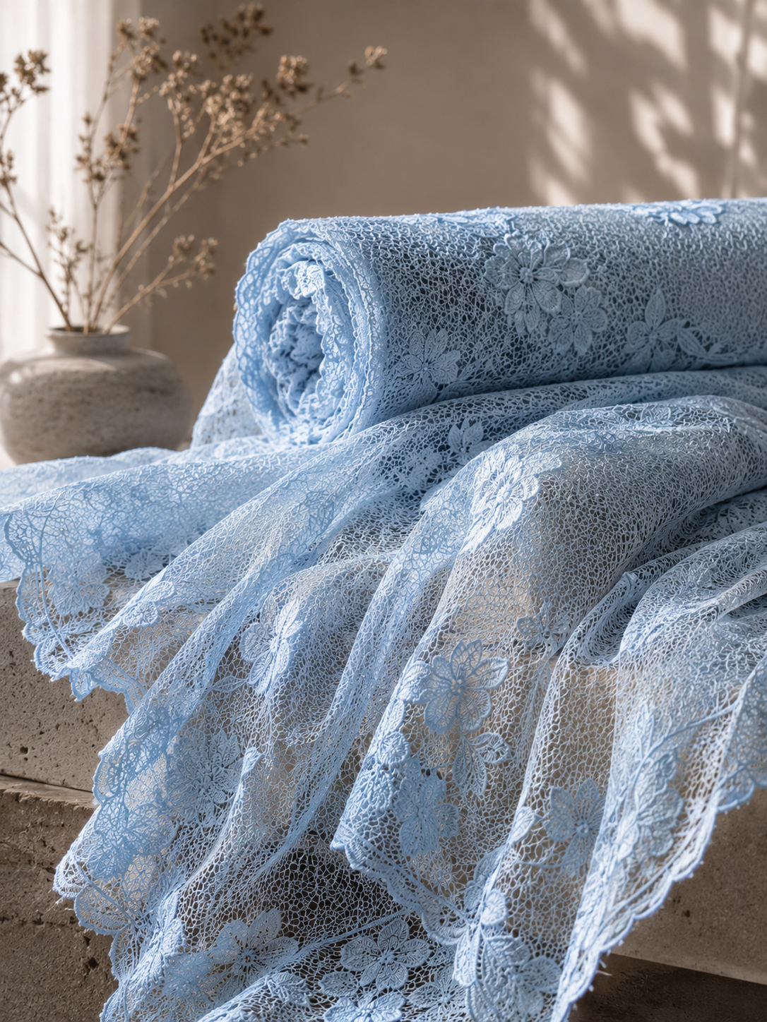 Swatch - Powder Blue Floral Embroidery Net Fabric