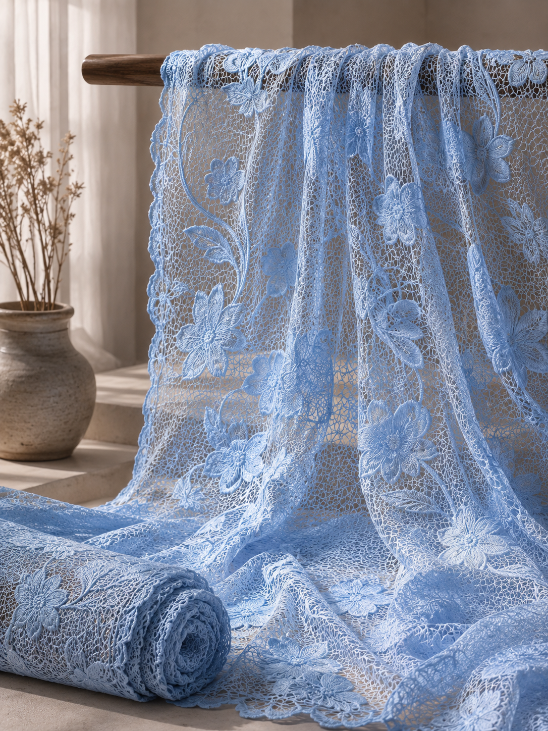 Swatch - Powder Blue Floral Embroidery Net Fabric