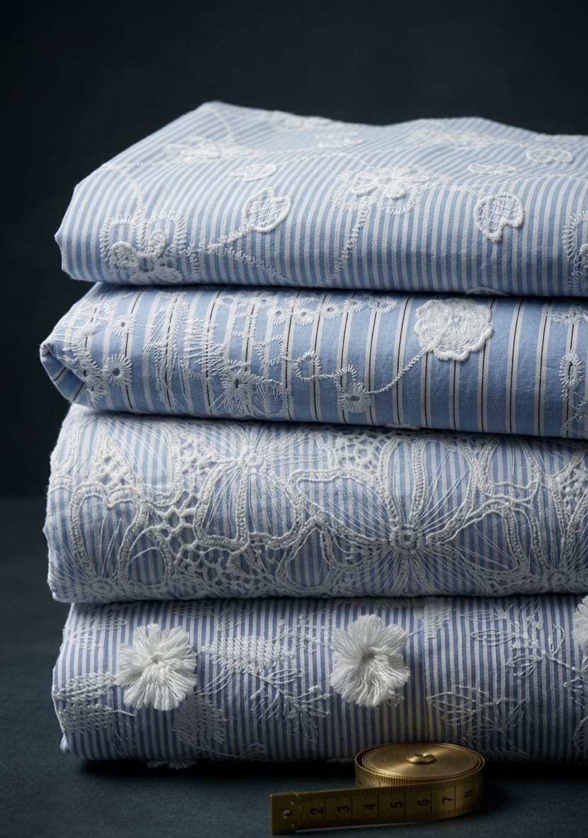 Blue & White Floral Schiffli Embroidered Striped Cotton Fabric