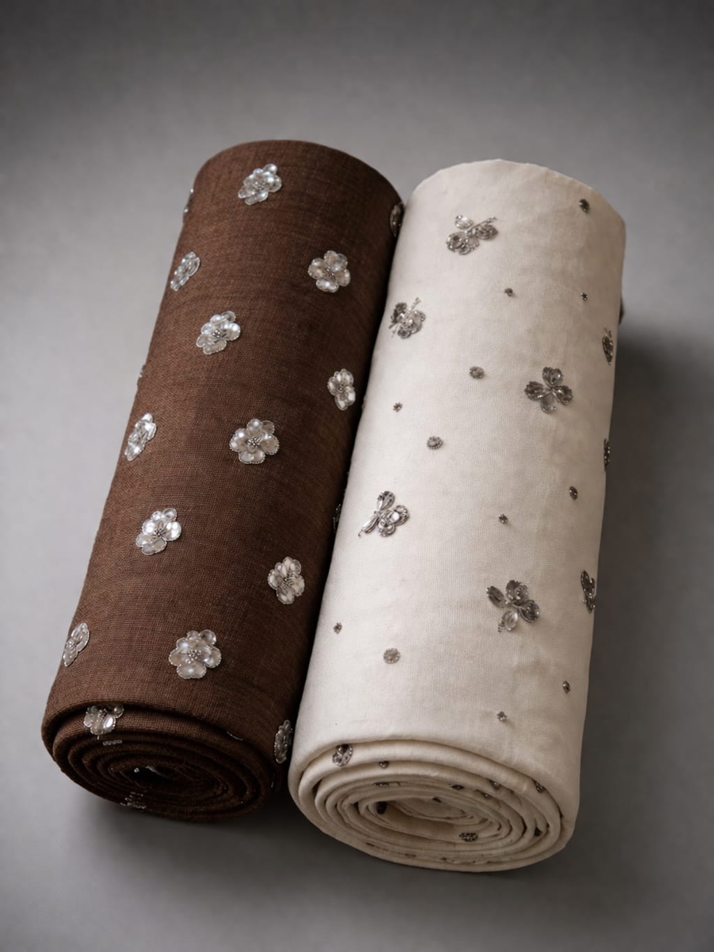 Hand Embellished Floral Butti Linen Blend Fabric – Brown & Ivory