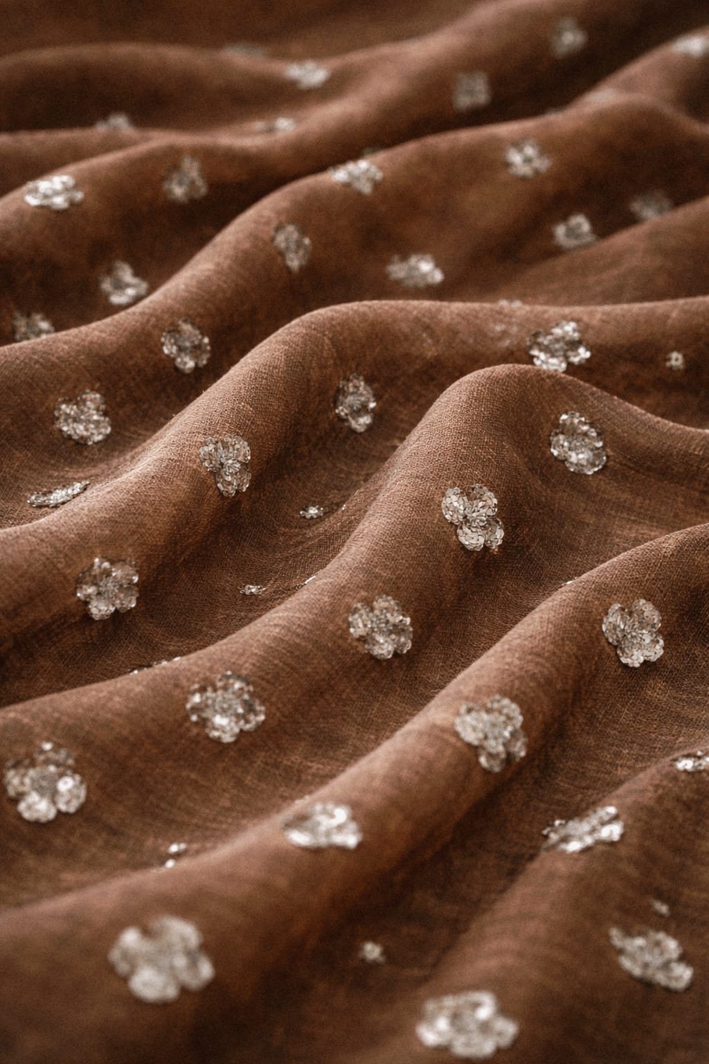 Hand Embellished Floral Butti Linen Blend Fabric – Brown & Ivory