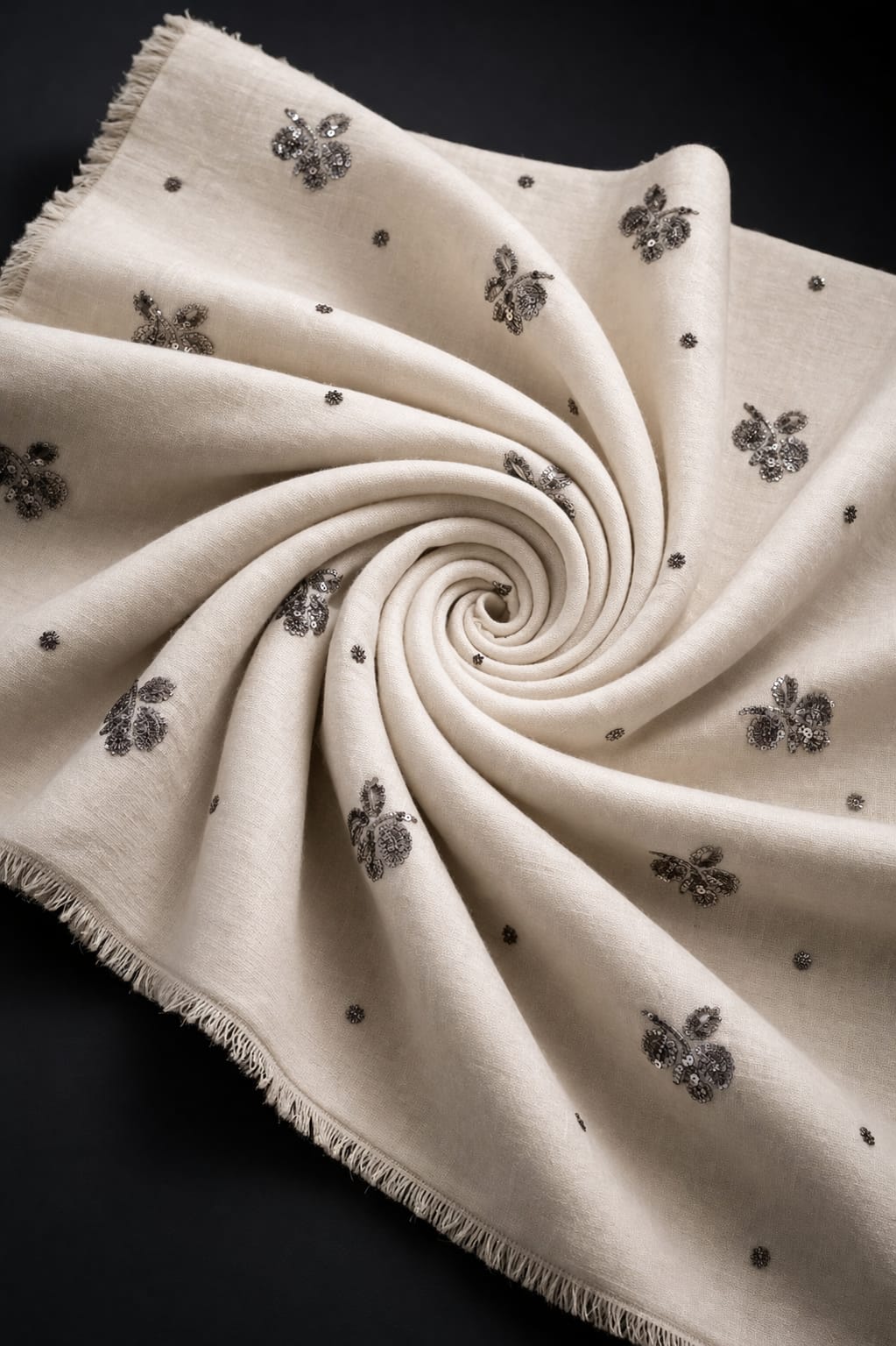 Hand Embellished Floral Butti Linen Blend Fabric – Brown & Ivory