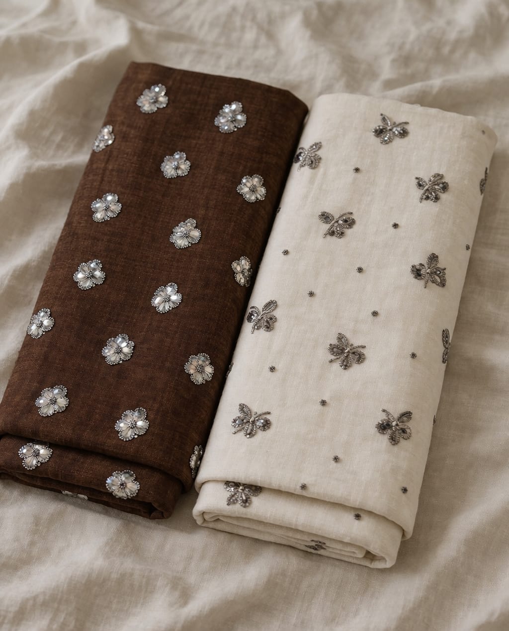 Hand Embellished Floral Butti Linen Blend Fabric – Brown & Ivory
