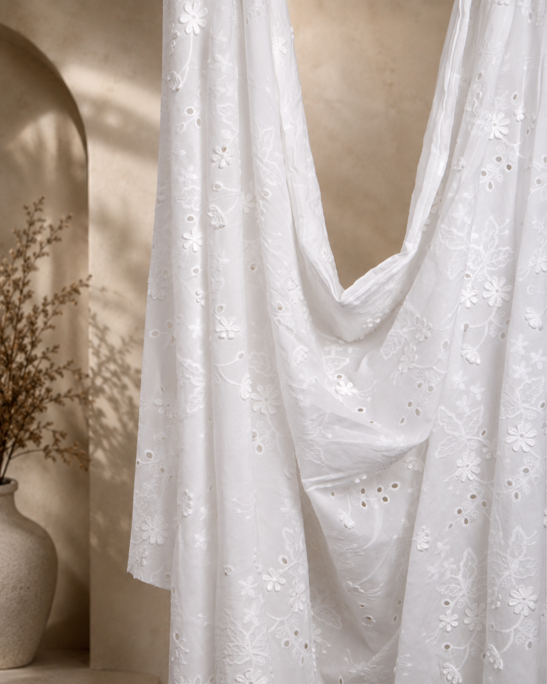 White Cotton Fabric with Tonal Floral Embroidery