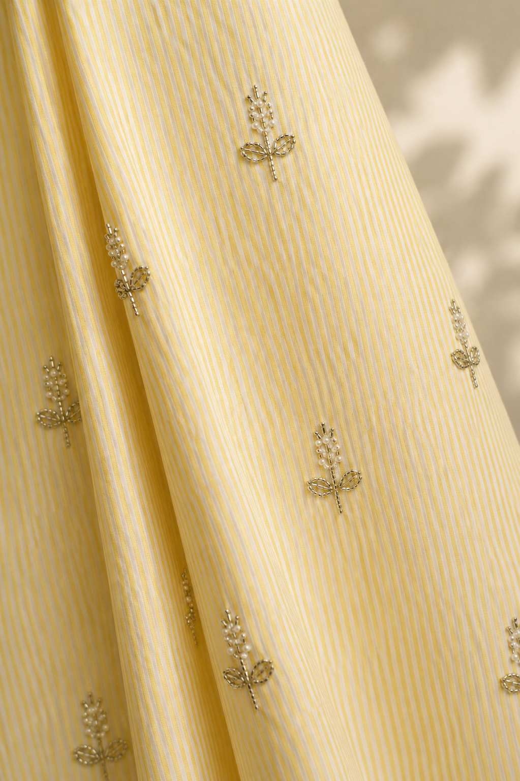 Yellow striped Fabric with Beaded Motif Embroidery