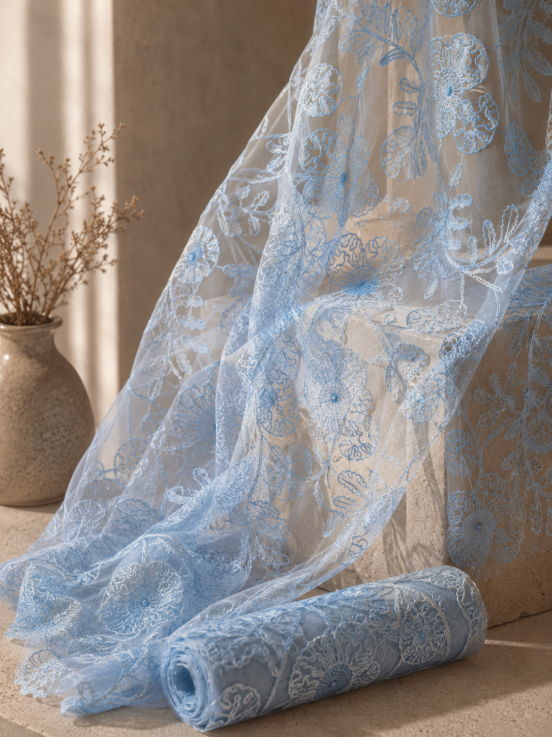 Swatch - Powder Blue Floral Embroidery Net Fabric