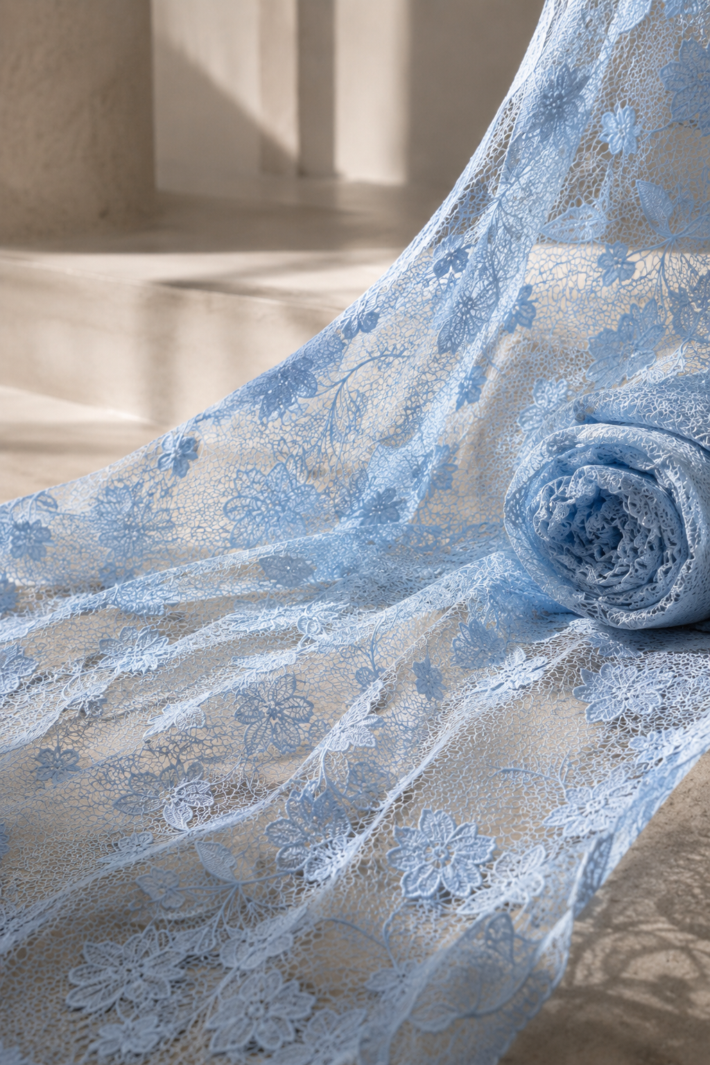 Swatch - Powder Blue Floral Embroidery Net Fabric